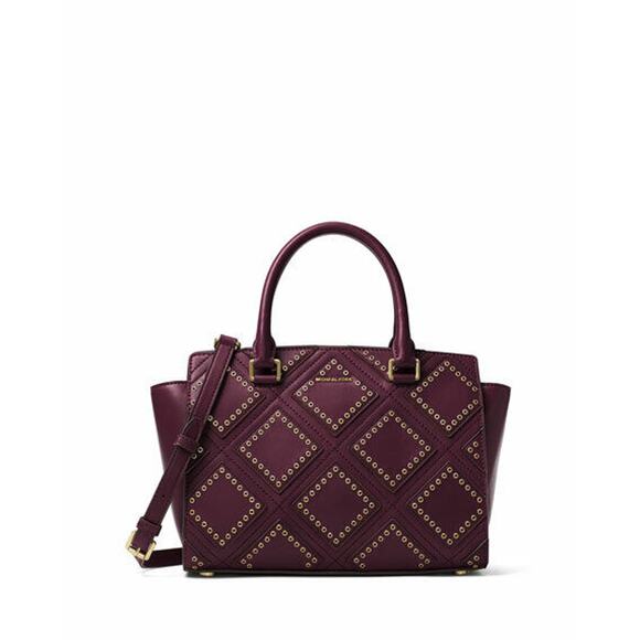 MICHAEL KORS, Diamond Grommet Selma Satchel, Plum/Gold, Leather - Picture 1 of 12